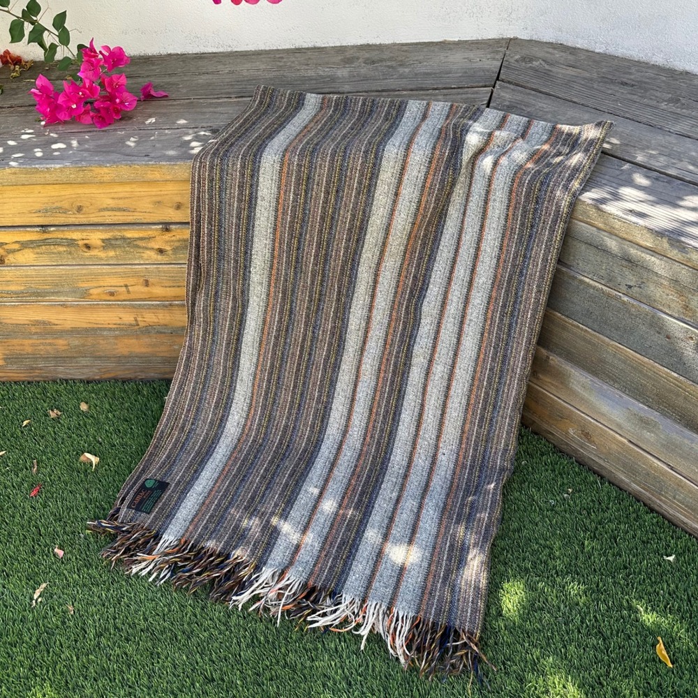 Vintage Camac Rugs Ireland Handwoven 100% Wool Striped Fringe Blanket Throw READ